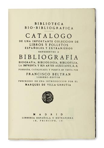BELTRÁN, FRANCISCO. Biblioteca Bio-Bibliográfica. Catálogo de una Importante Colección de Libros.  1927.